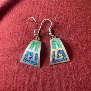 Mexico Aztec inlay alpaca‎ hook earrings Hispanic Latin handmade artisan